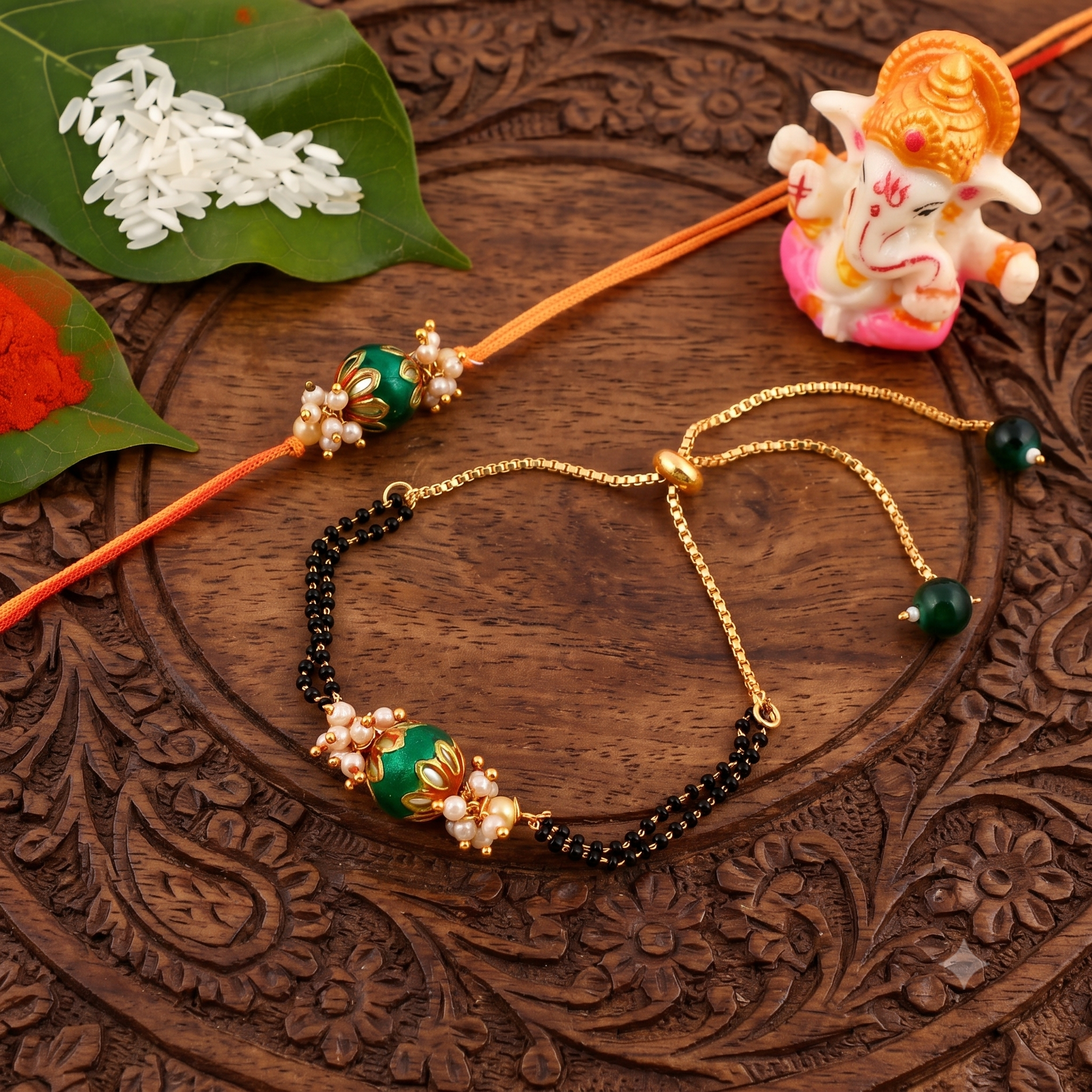 Handcrafted Rakhi and Lumba Set – Green Meenakari & Pearl Couple Rakhi (Bhaiya Bhabhi Set)