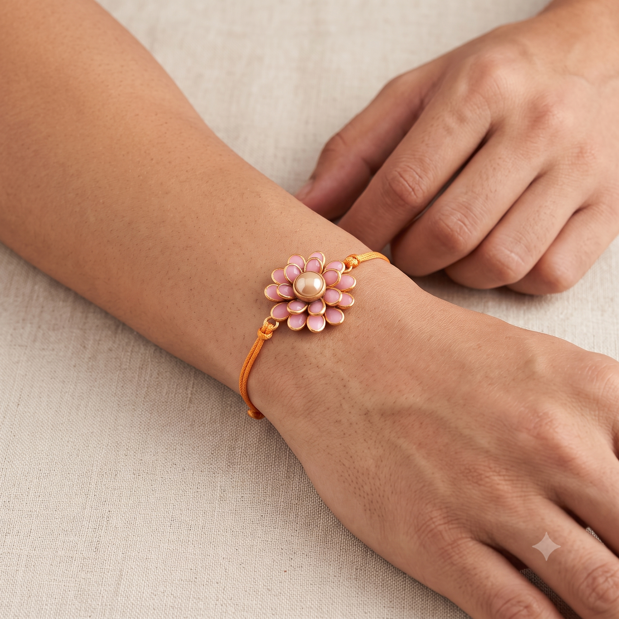 Elegant Bhaiya Bhabhi Rakhi Set - Pink Floral Thread Rakhi & Pearl Lumba Bracelet Combo