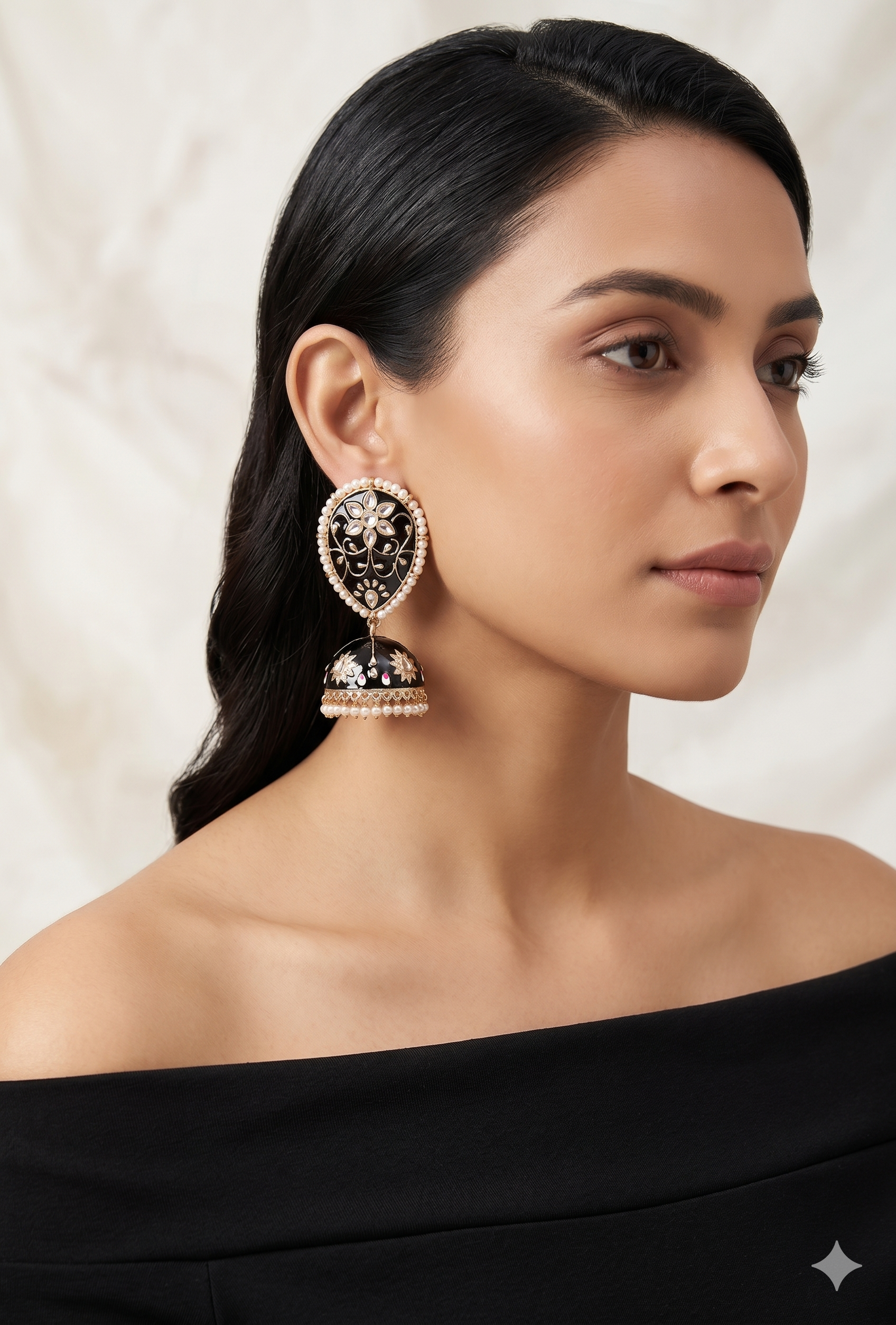 Handcrafted Black Meenakari Jhumka Earrings with Pearl Borders