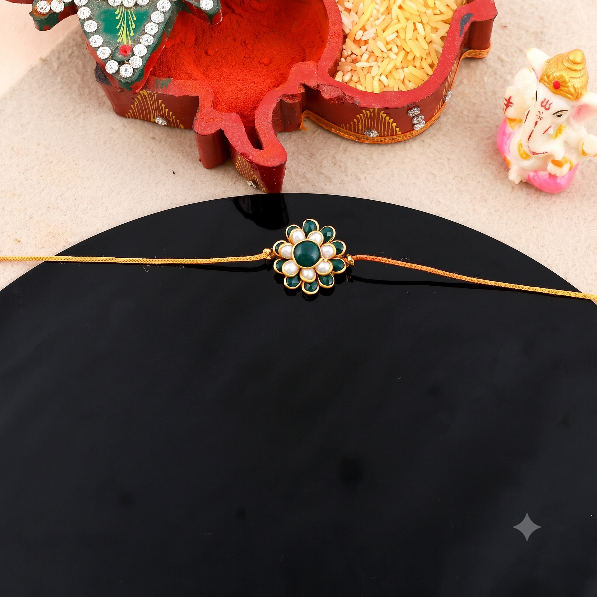 Elegant Bhaiya Bhabhi Rakhi Set – Green Floral Thread Rakhi & Pearl Lumba Bracelet Set