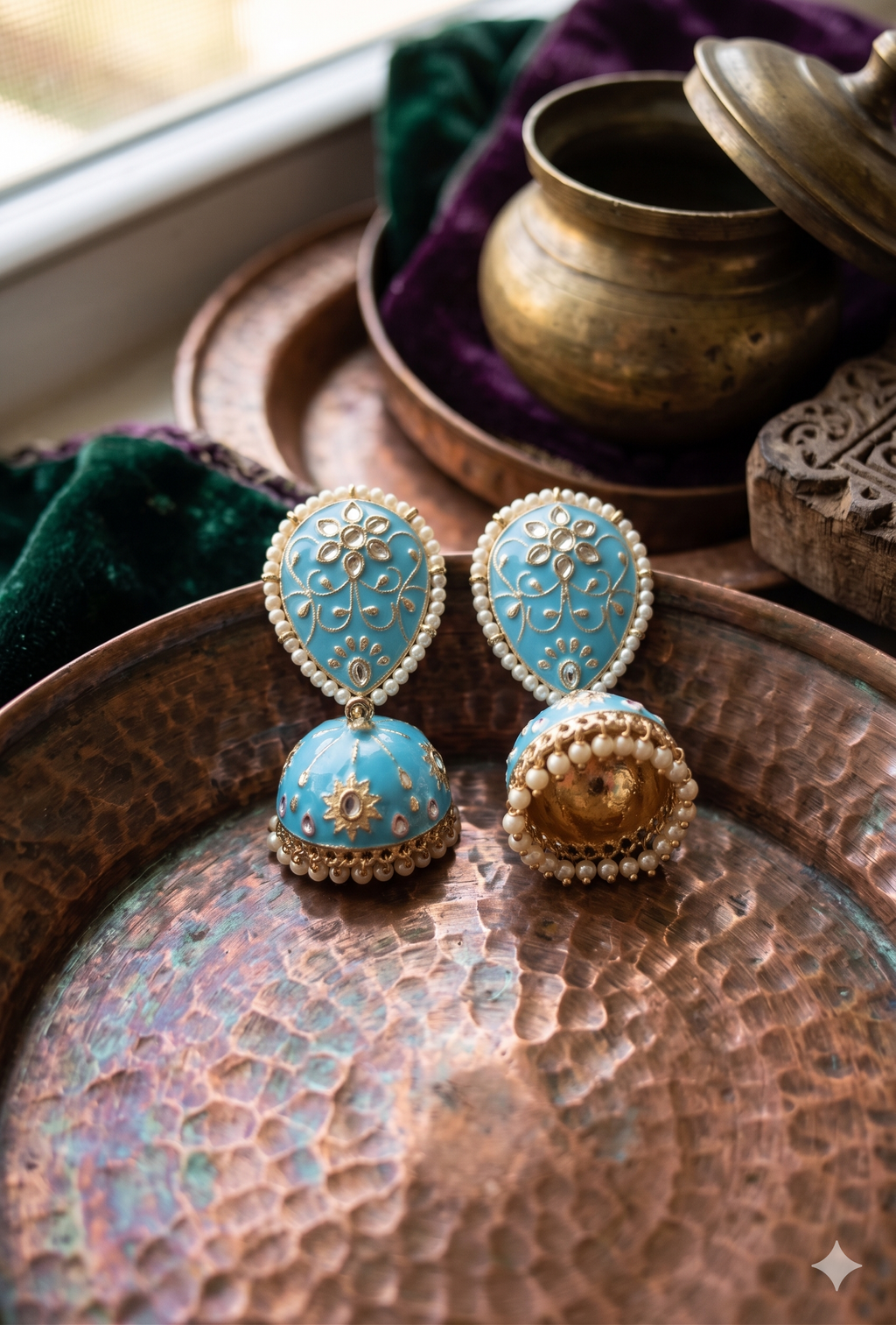 Sky Blue Meenakari Jhumka Earrings with Pearl Borders & Kundan Detailing