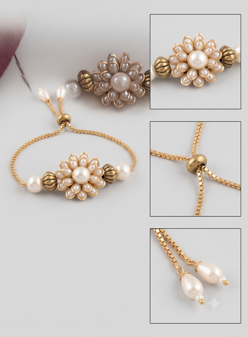 Set of 3 Designer Rakhi Bracelets for Brother - Pearl, Pink, and Maroon Floral Raksha Bandhan Combo Pack