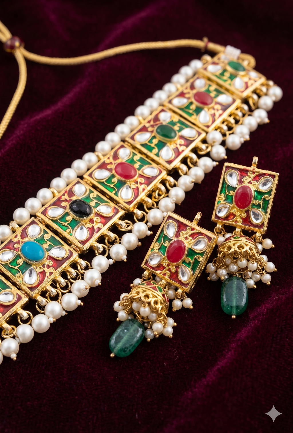 Traditional Kundan & Meenakari Choker Set - Multi-Color Handcrafted Necklace with Jhumka Earrings