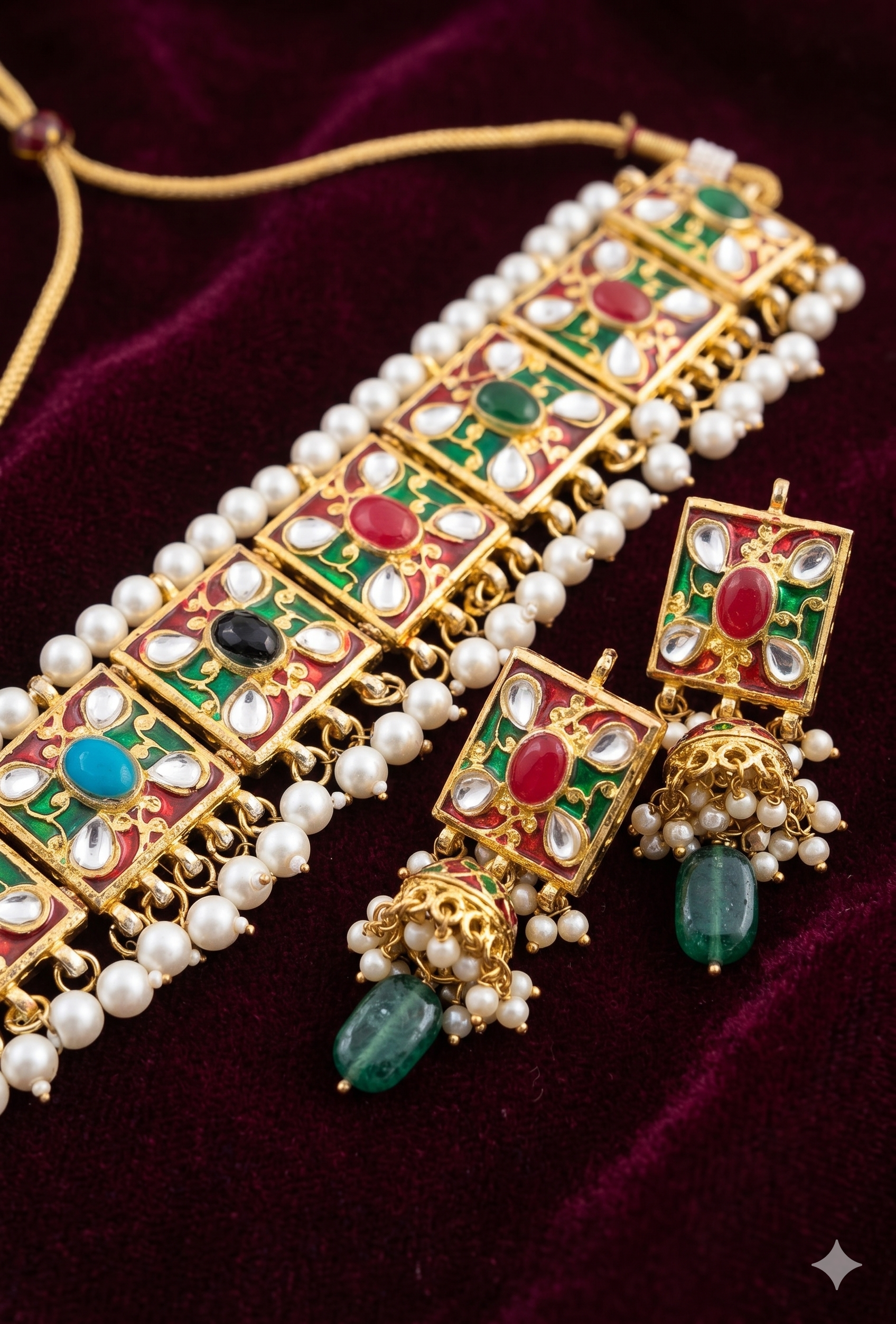 Traditional Kundan & Meenakari Choker Set - Multi-Color Handcrafted Necklace with Jhumka Earrings