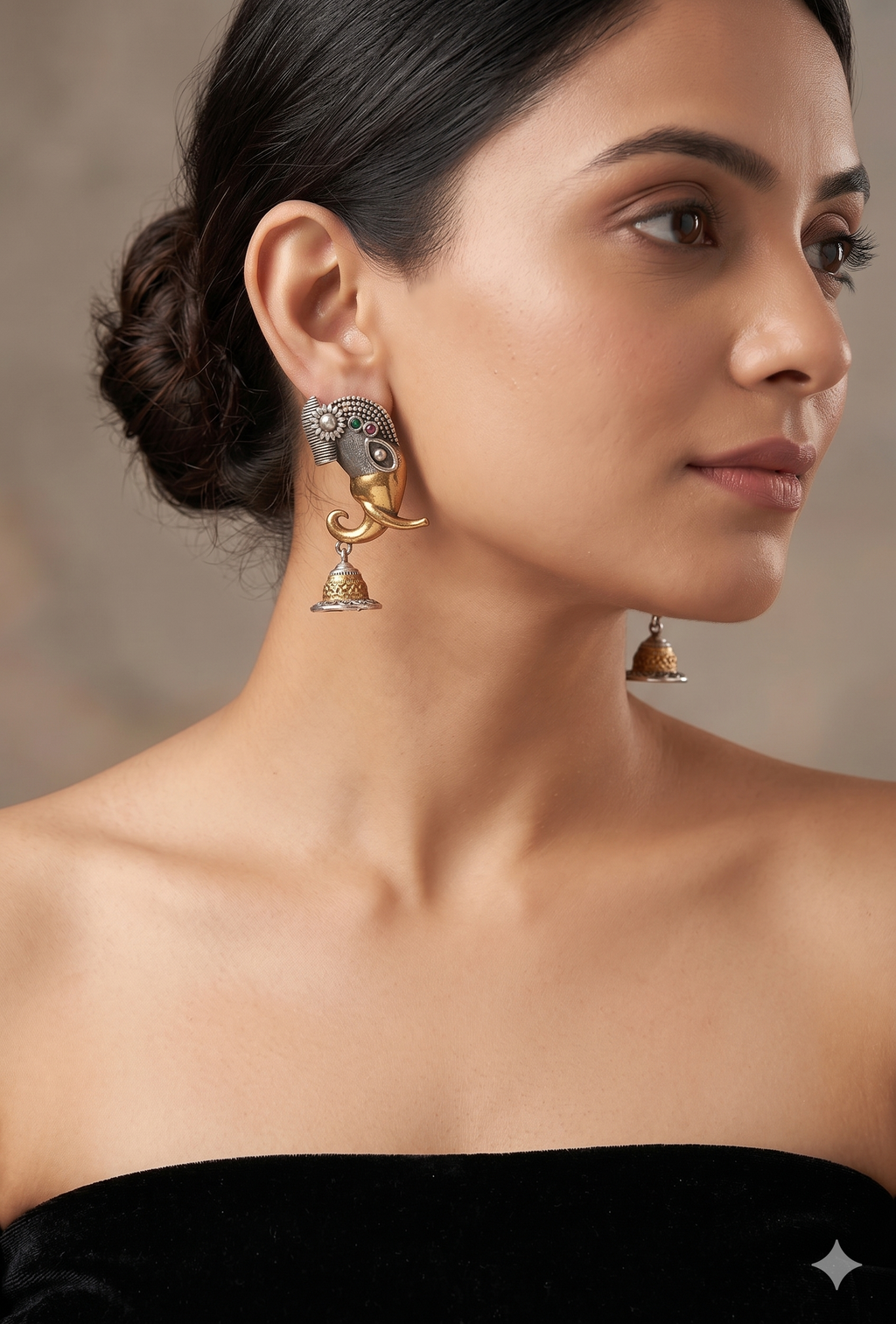 Dual-Tone Ganesha Jhumkas in Oxidized Silver & Gold Finish
