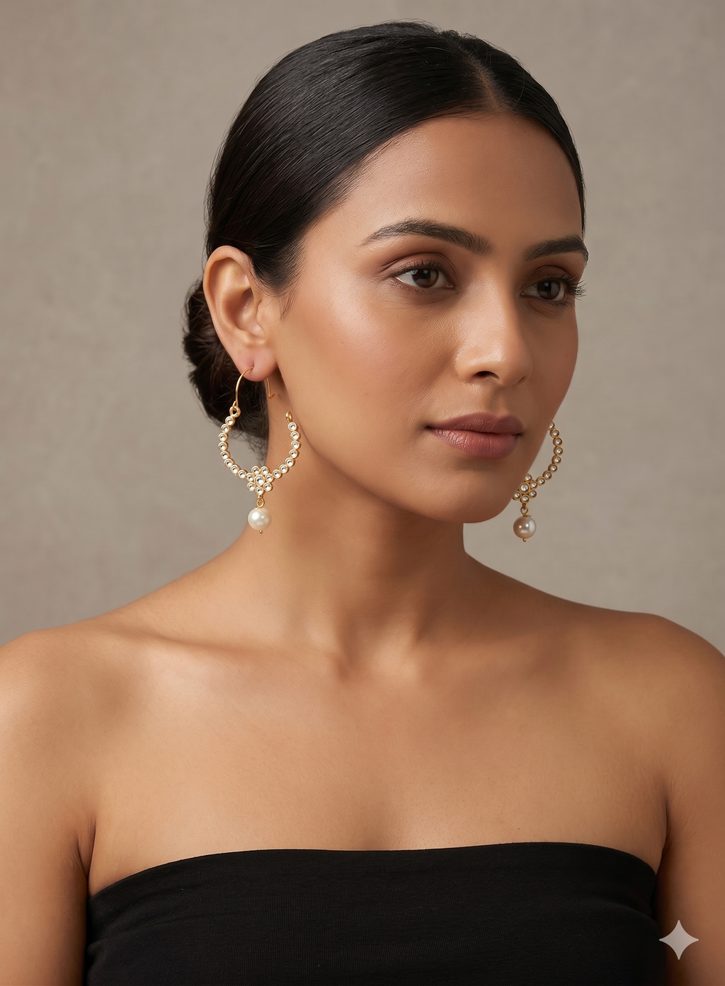 Traditional Floral Kundan Hoops with Droplet Pearl Accents