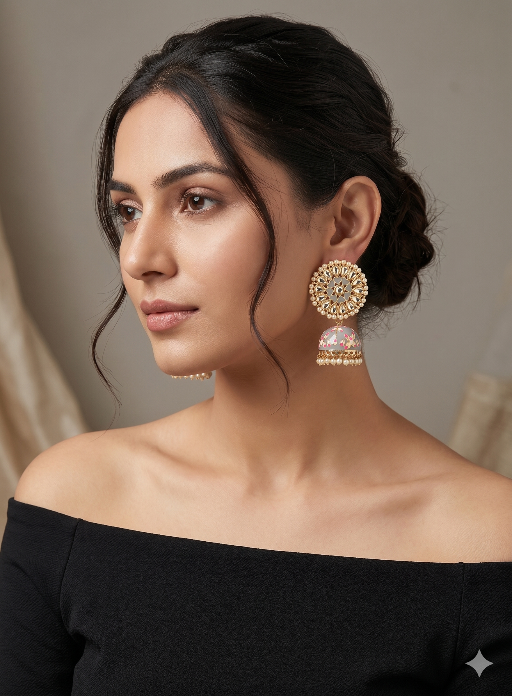 Pastel Grey Meenakari Jhumka Earrings with Kundan & Pearl Accents