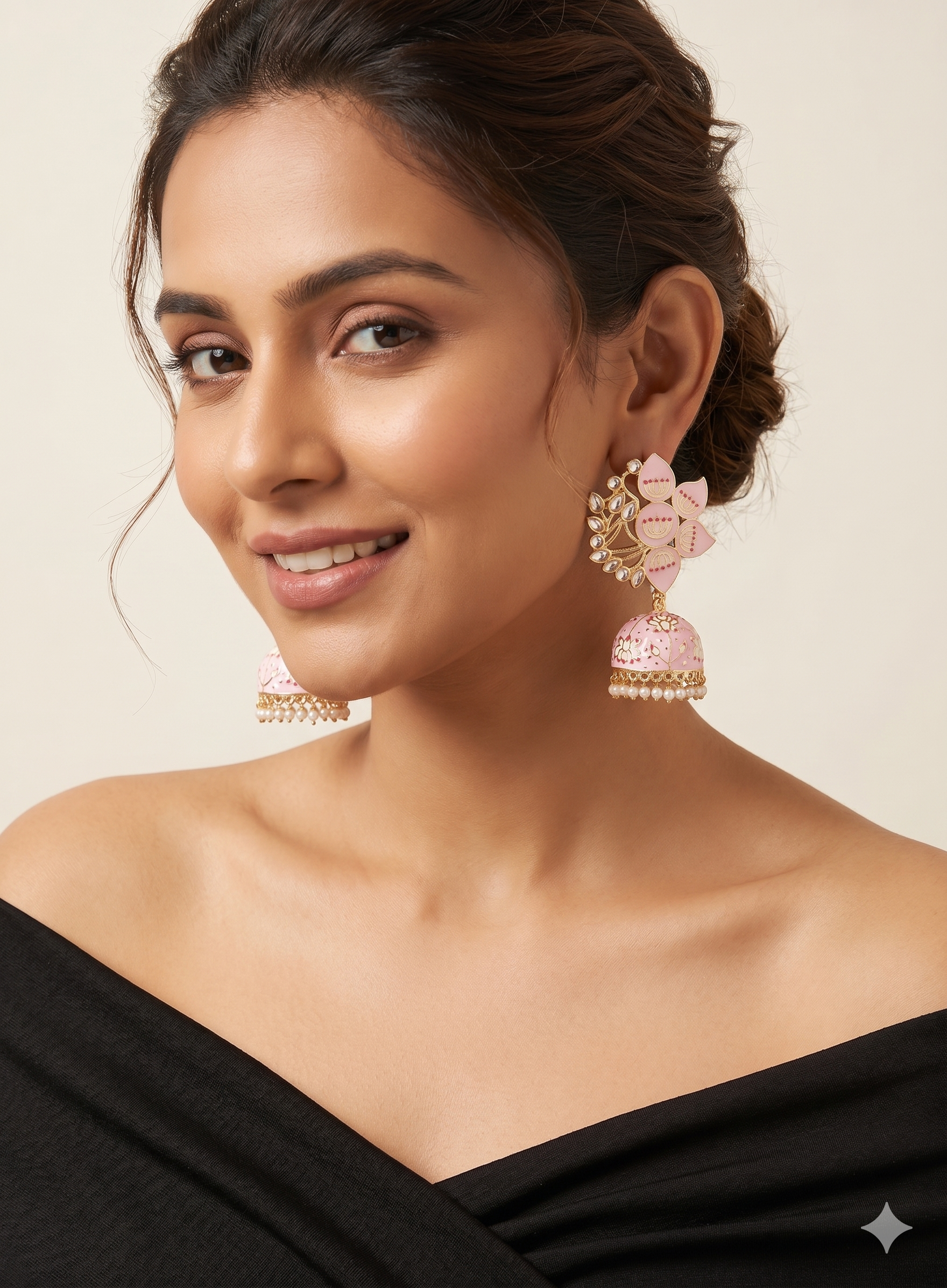 Pastel Pink Lotus Meenakari Jhumka Earrings.