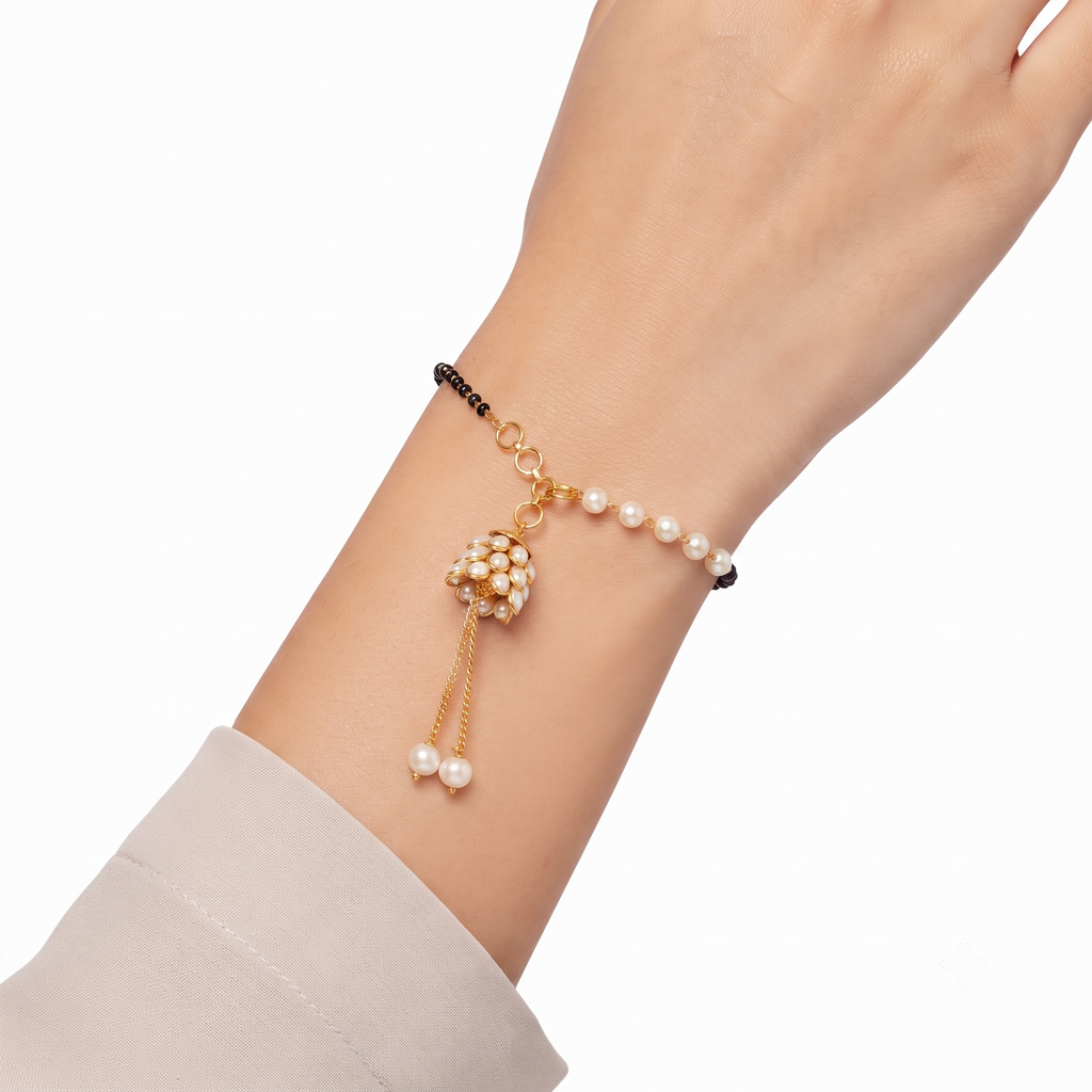 Elegant Pearl & Black Bead Mangalsutra Bracelet and Floral Rakhi Gift Set for Sister