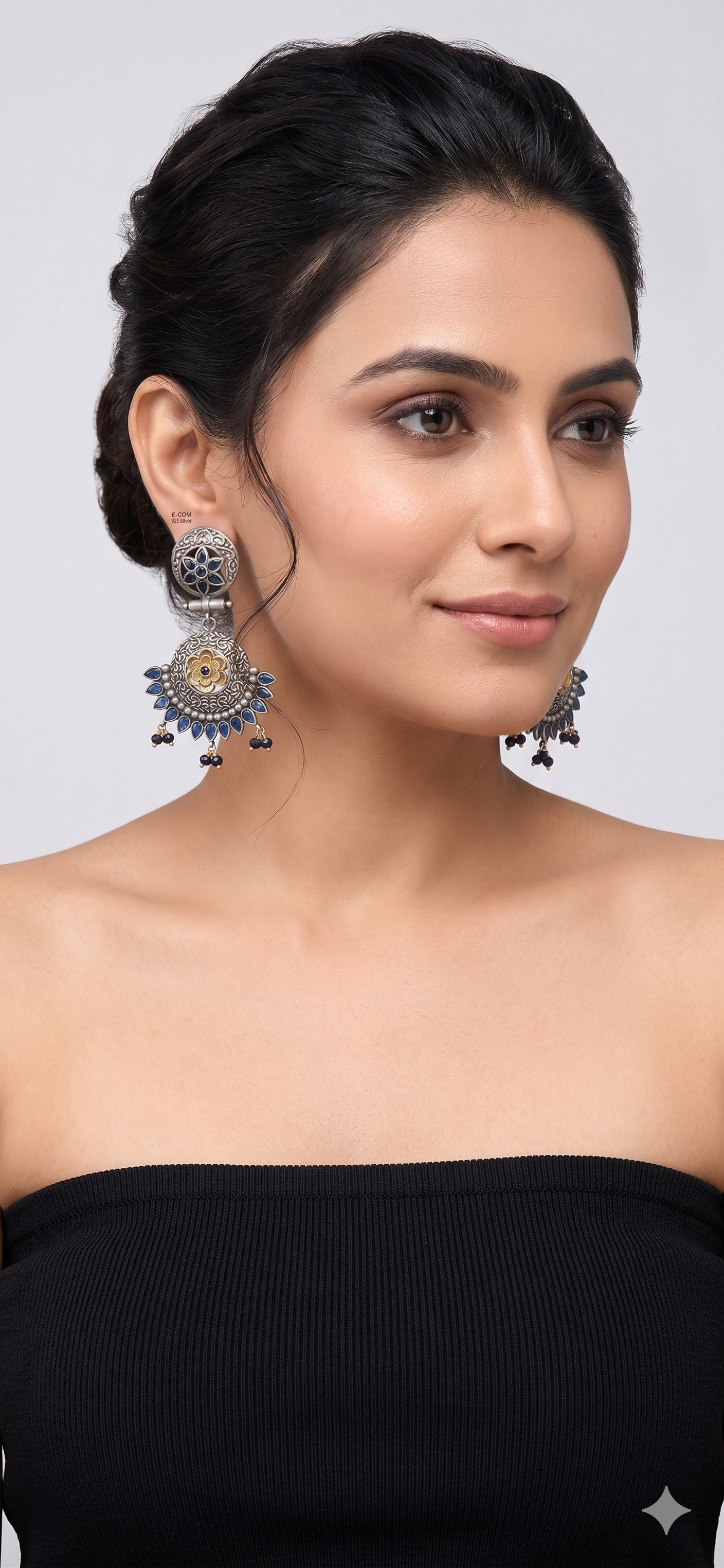 Vintage Oxidized Silver Jhumka Earrings with Blue Stones and Floral Accents