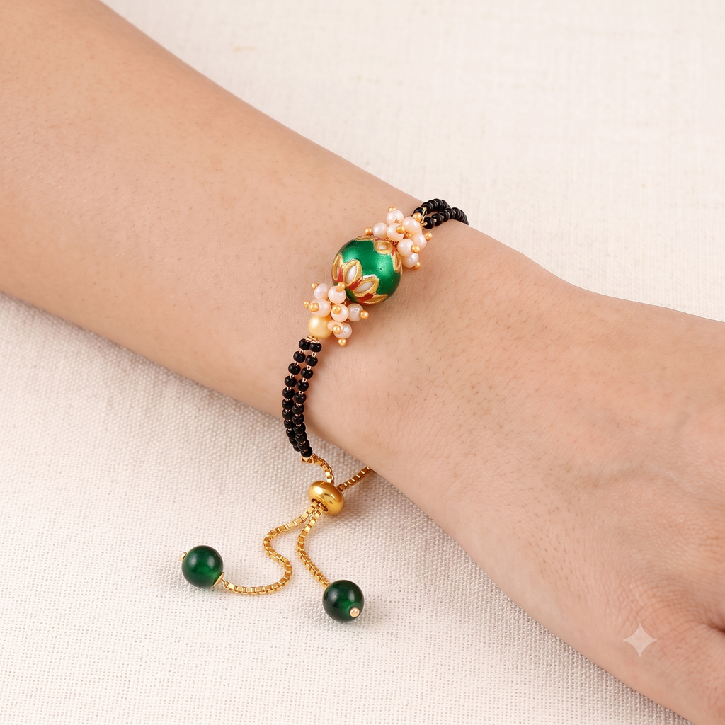 Handcrafted Rakhi and Lumba Set – Green Meenakari & Pearl Couple Rakhi (Bhaiya Bhabhi Set)