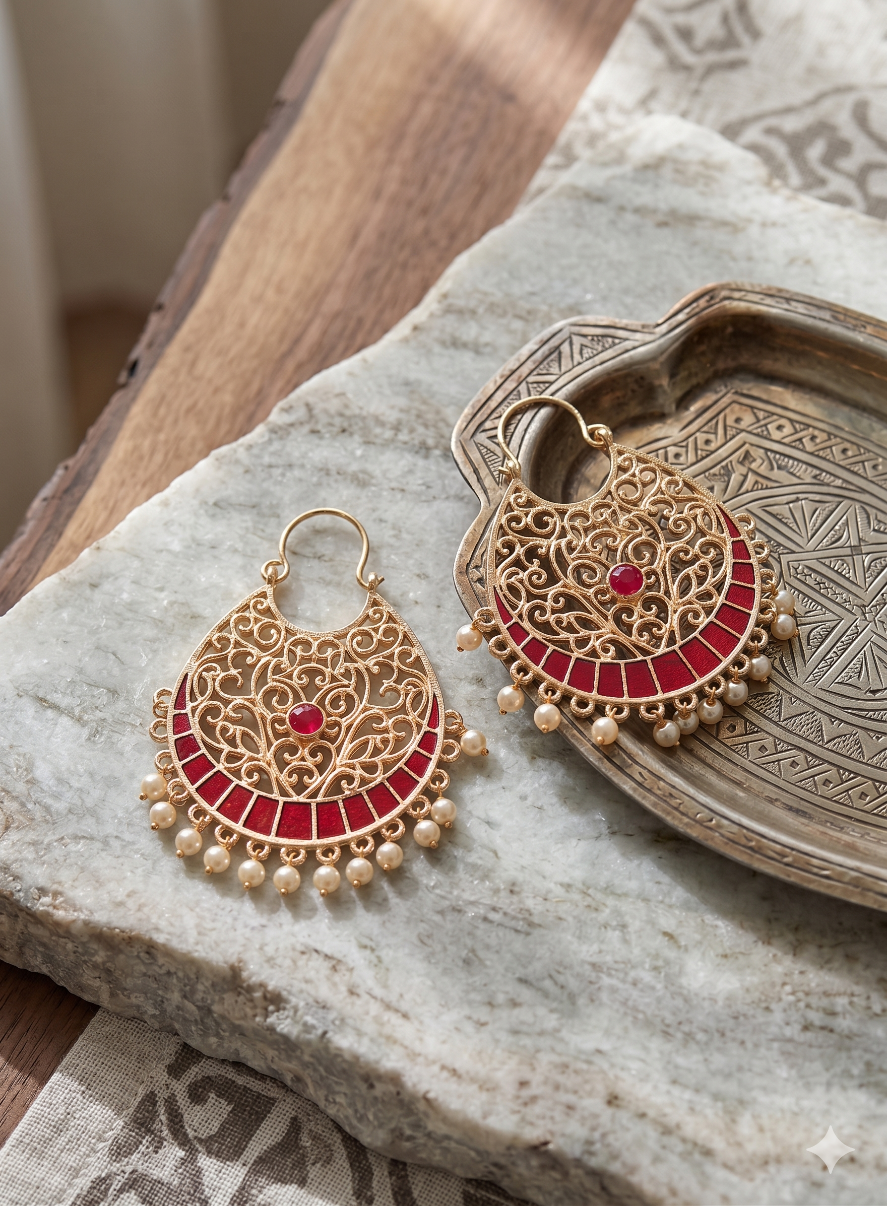 Kundan & Ruby Red Filigree Chandbali Earrings with Pearl Droplets