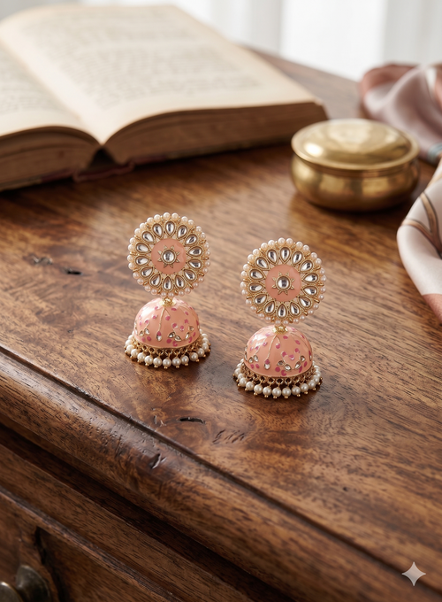 Blush Pink Meenakari Jhumka Earrings with Kundan & Pearl Accents