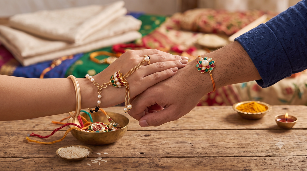 Designer Rakhi Set for Bhaiya Bhabhi – Premium Flower Thread Rakhi & Elegant Pearl Lumba Bracelet Set