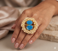 Handcrafted Gold-Tone Statement Ring with Vibrant Blue Druzy Stones and Pearl Halo