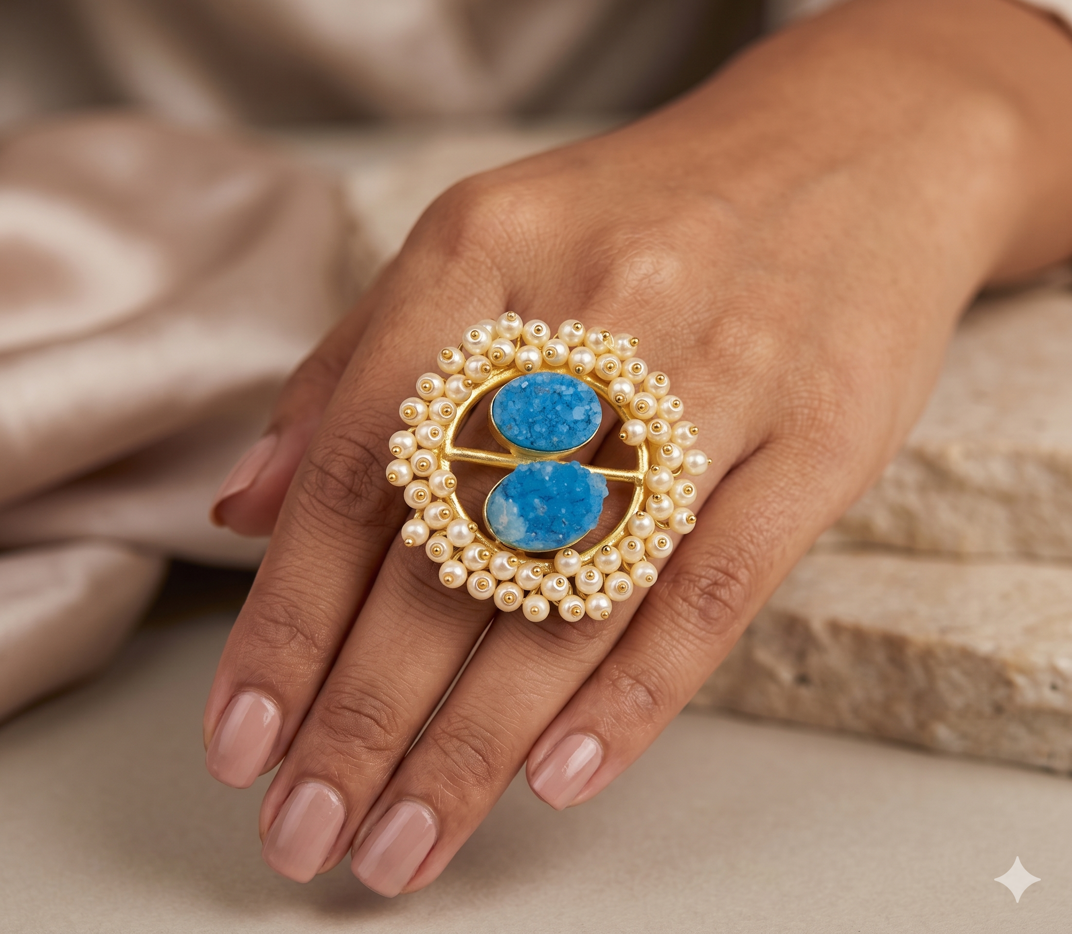 Handcrafted Gold-Tone Statement Ring with Vibrant Blue Druzy Stones and Pearl Halo
