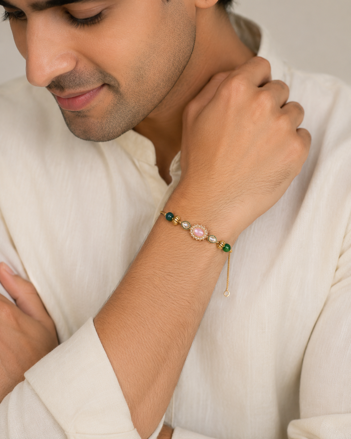 Handcrafted Bhaiya Bhabhi Rakhi Set with Green Beads, Pink Kundan Stone & Adjustable Lumba Bracelet | Premium Designer Raksha Bandhan Rakhi