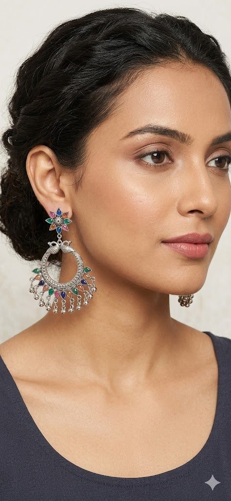 Vintage Oxidized Silver Peacock Hoop Earrings – Festive Multicolor Jhumka Style