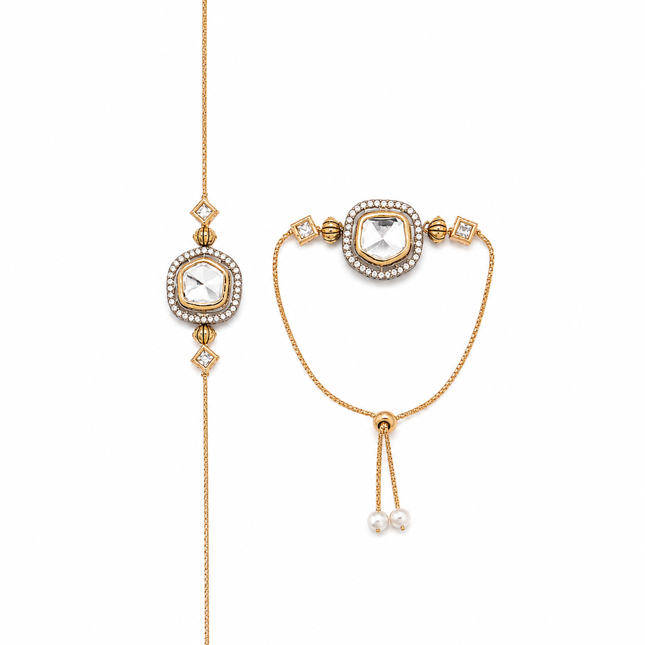 Premium Bhaiya Bhabhi Rakhi Set with Mirror Kundan Stone | Gold-Tone Adjustable Rakhi & Lumba Bracelet | Traditional Raksha Bandhan Gift