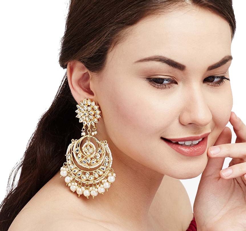 Gold Plated Kundan Chandbali Earrings with Pearl Drops | Traditional Ethnic Long Earrings for Women | Wedding & Festive Wear