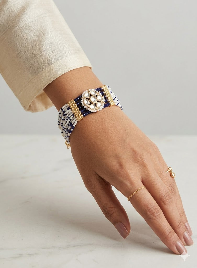 Kundan Centerpiece Multi-Strand Pearl & Blue Beaded Cuff Bracelet