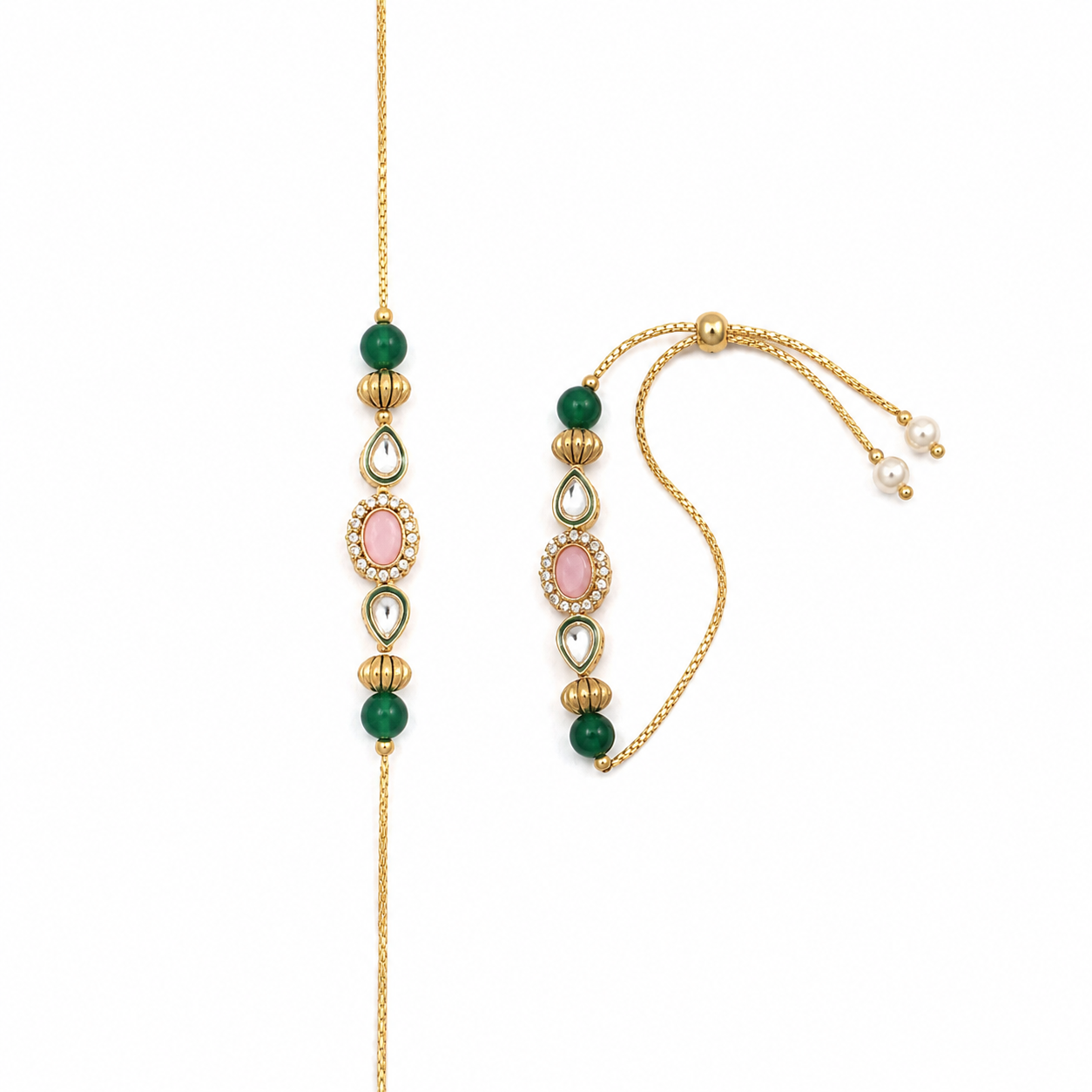 Handcrafted Bhaiya Bhabhi Rakhi Set with Green Beads, Pink Kundan Stone & Adjustable Lumba Bracelet | Premium Designer Raksha Bandhan Rakhi