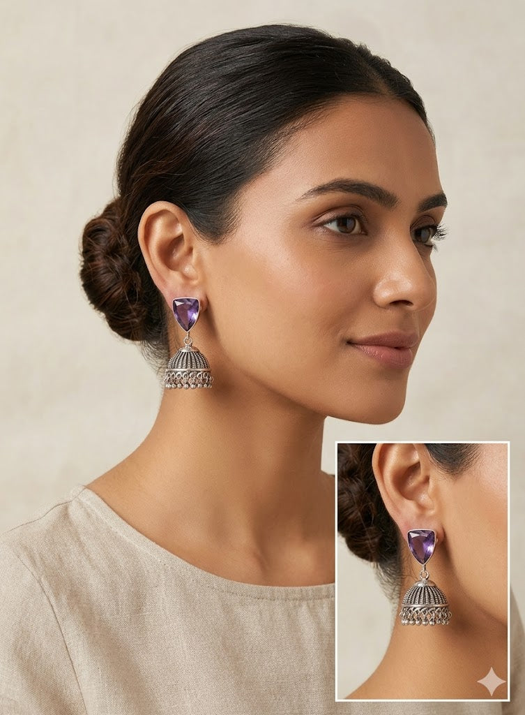 Handcrafted Silver Amethyst Jhumka Earrings – Oxidized Statement Danglers