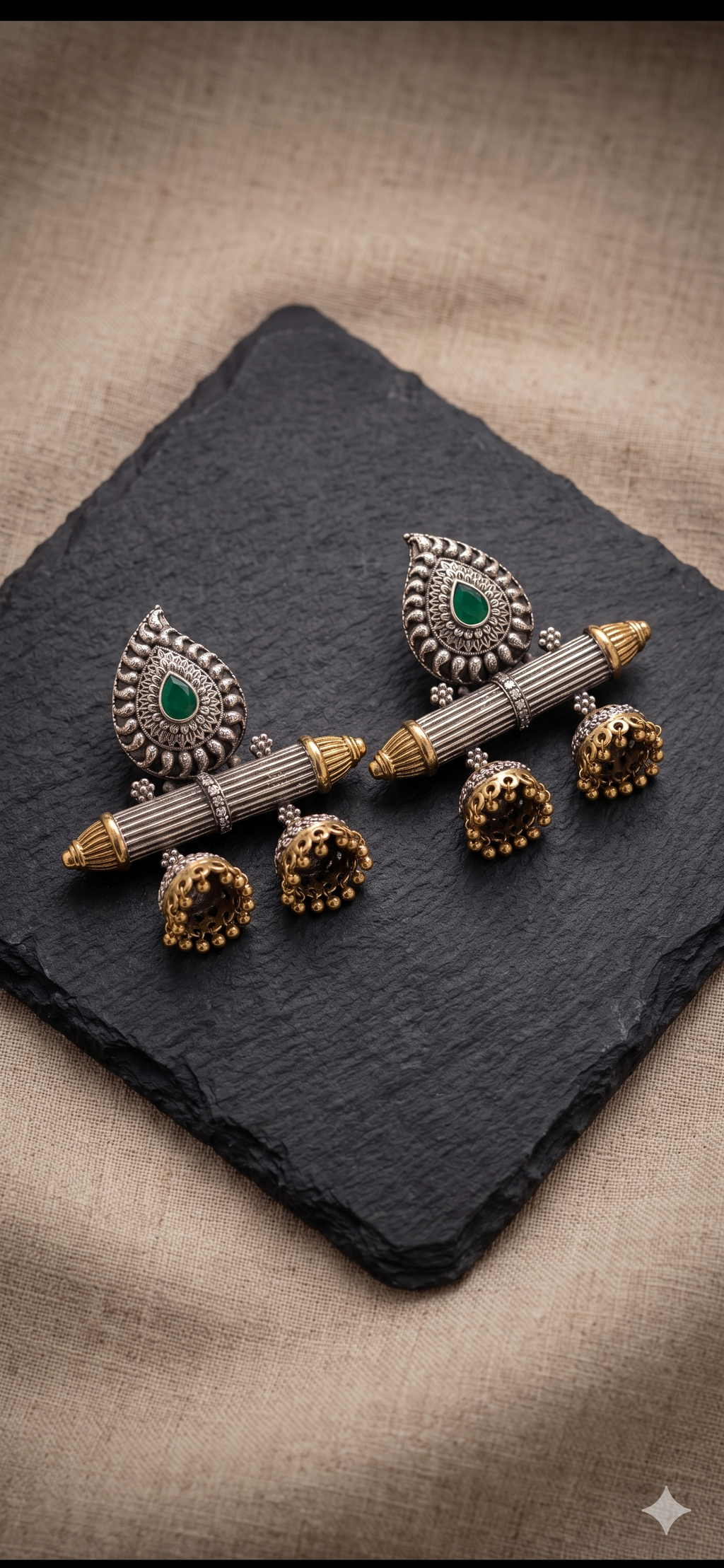 Oxidized Silver & Gold-Toned Tribal Fusion Jhumka Earrings with Emerald Green Stone