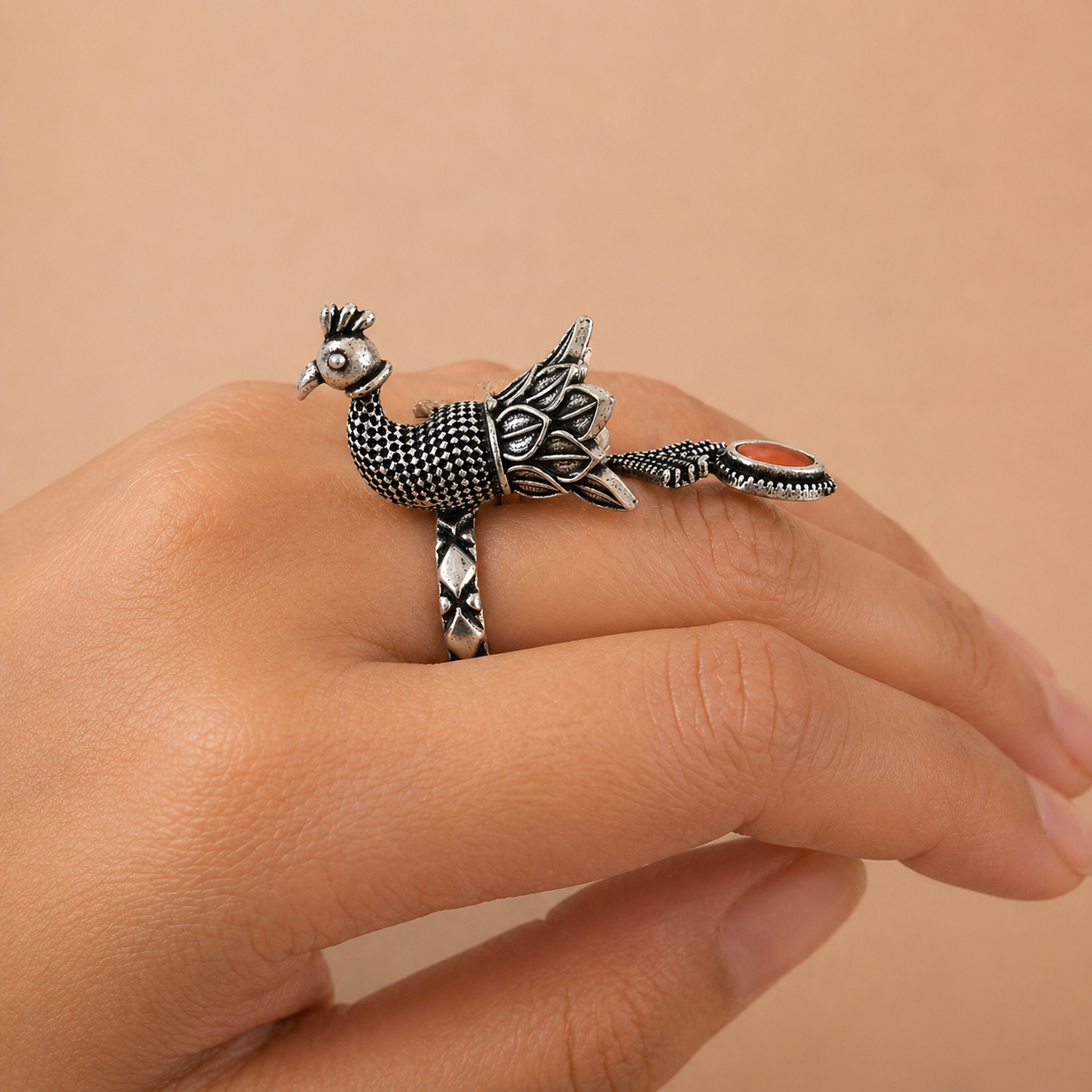 Abhaah Handcrafted Peacock Statement Ring – Oxidised Silver Tone with Carnelian Stone