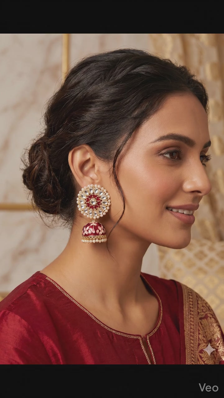 Abhaah Timeless Elegance – Red Meenakari & Pearl Jhumka Earrings