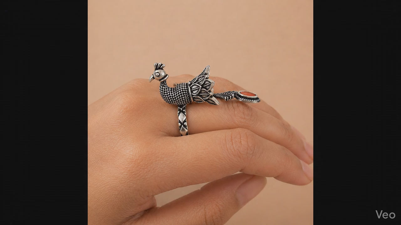 Abhaah Handcrafted Peacock Statement Ring – Oxidised Silver Tone with Carnelian Stone