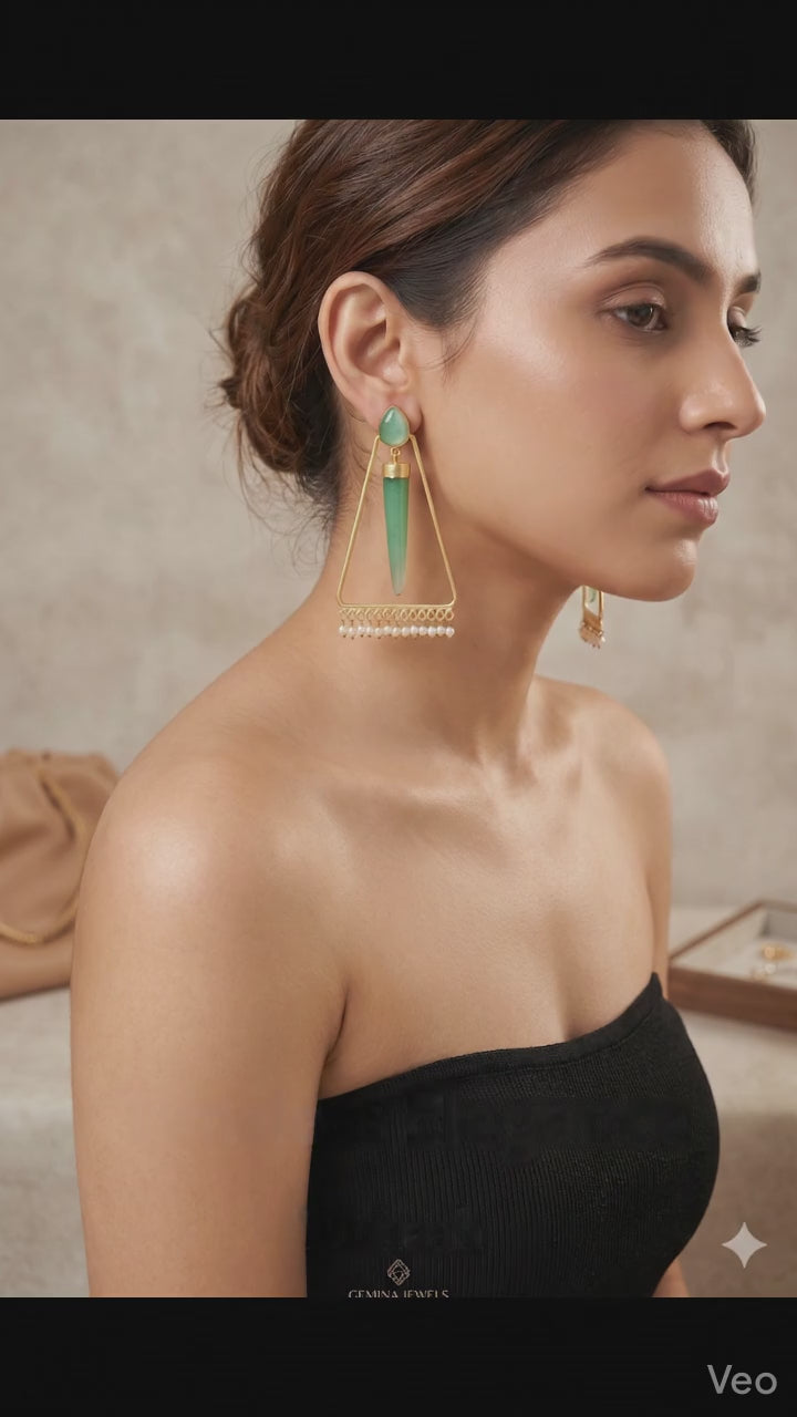 Aventurine Spire Triangle Drop Earrings with Pearl Fringe - Matte Gold Finish