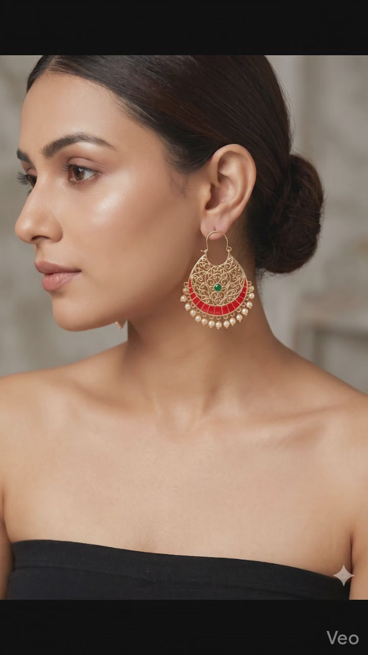 Indian Ethnic Gold-Plated Filigree Earrings – Pearl & Ruby Embellished Crescent Drops