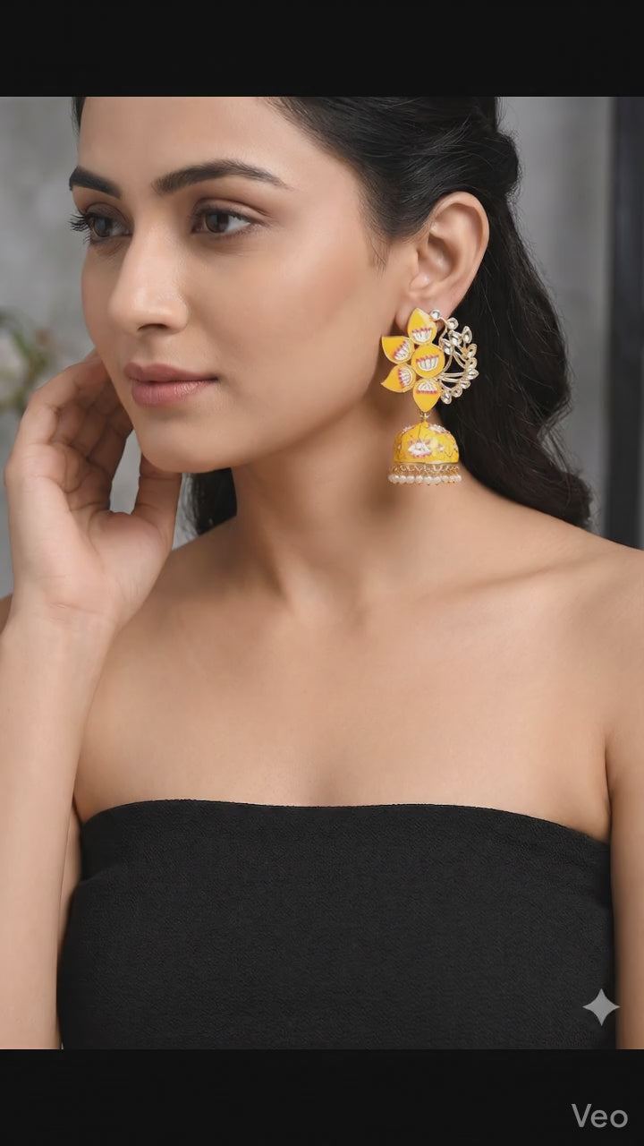 Yellow Enamel Lotus Jhumka Earrings | Traditional Indian Jewelry for Weddings