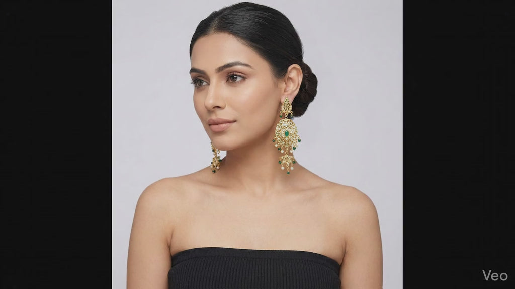 Traditional Gold-Finished Chandbali Earrings with Green Stones and Pearl Droplets