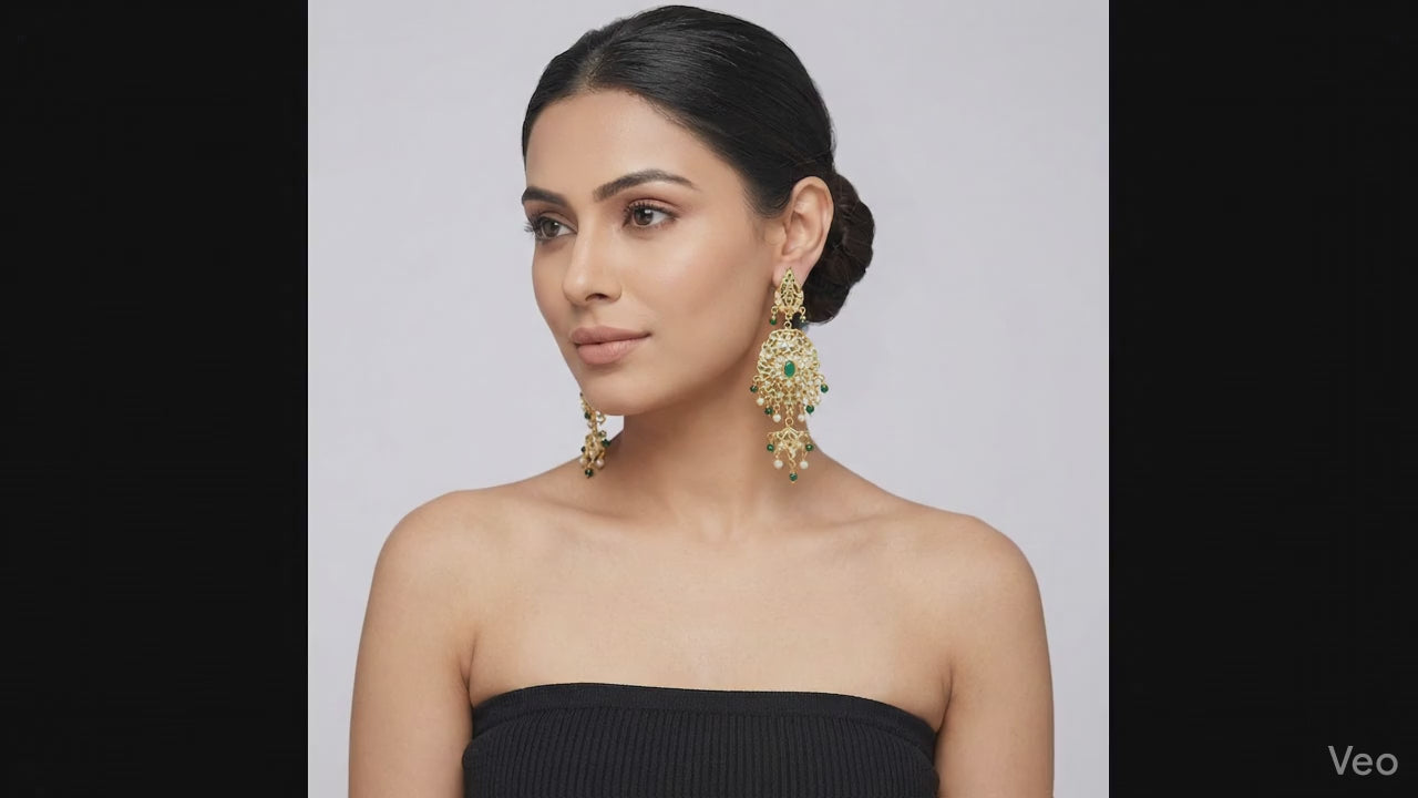 Traditional Gold-Finished Chandbali Earrings with Green Stones and Pearl Droplets