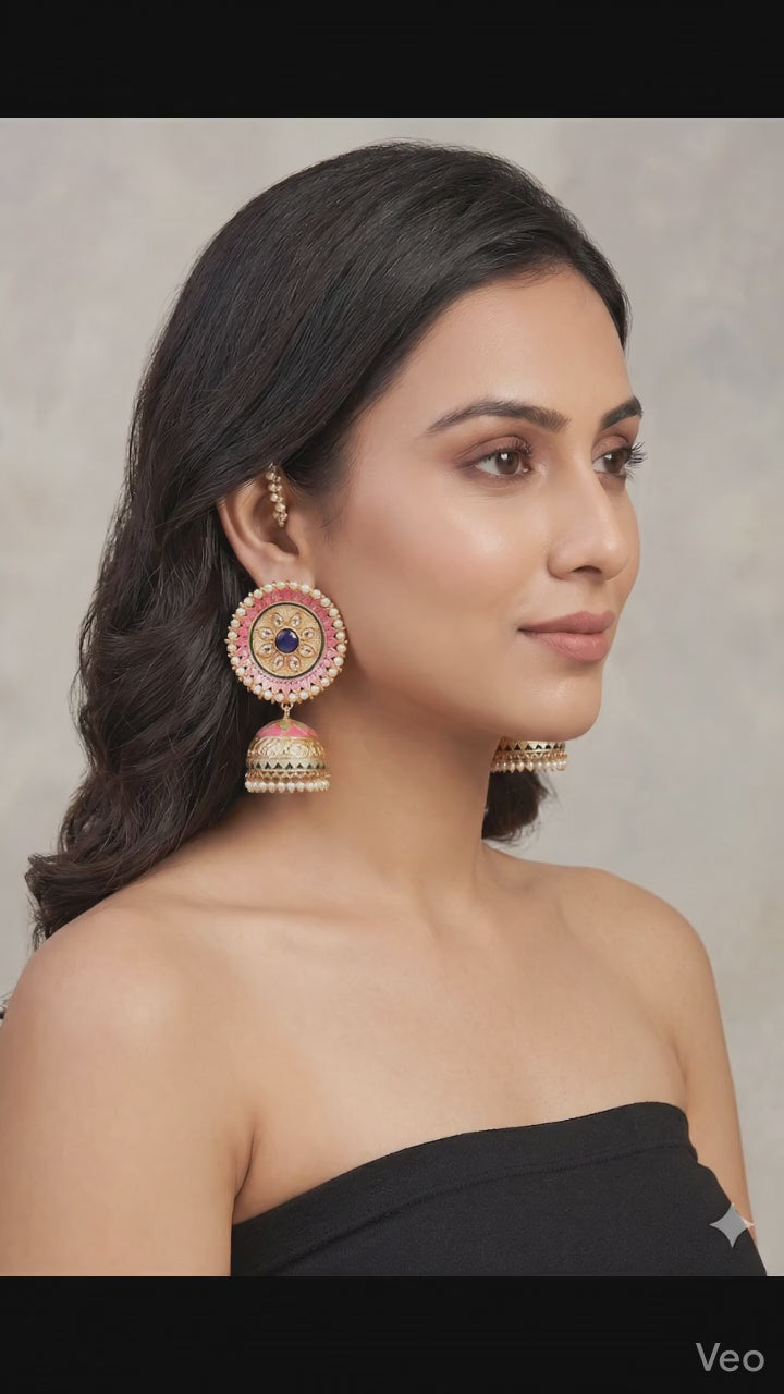 Gold-Plated Handcrafted Jhumka Earrings for Weddings & Festive Wear – Pink & Blue