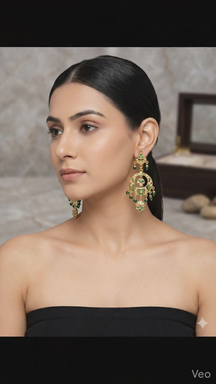 Emerald & Pearl Gold Chandbali Earrings - Traditional Kundan Inspired Dangles