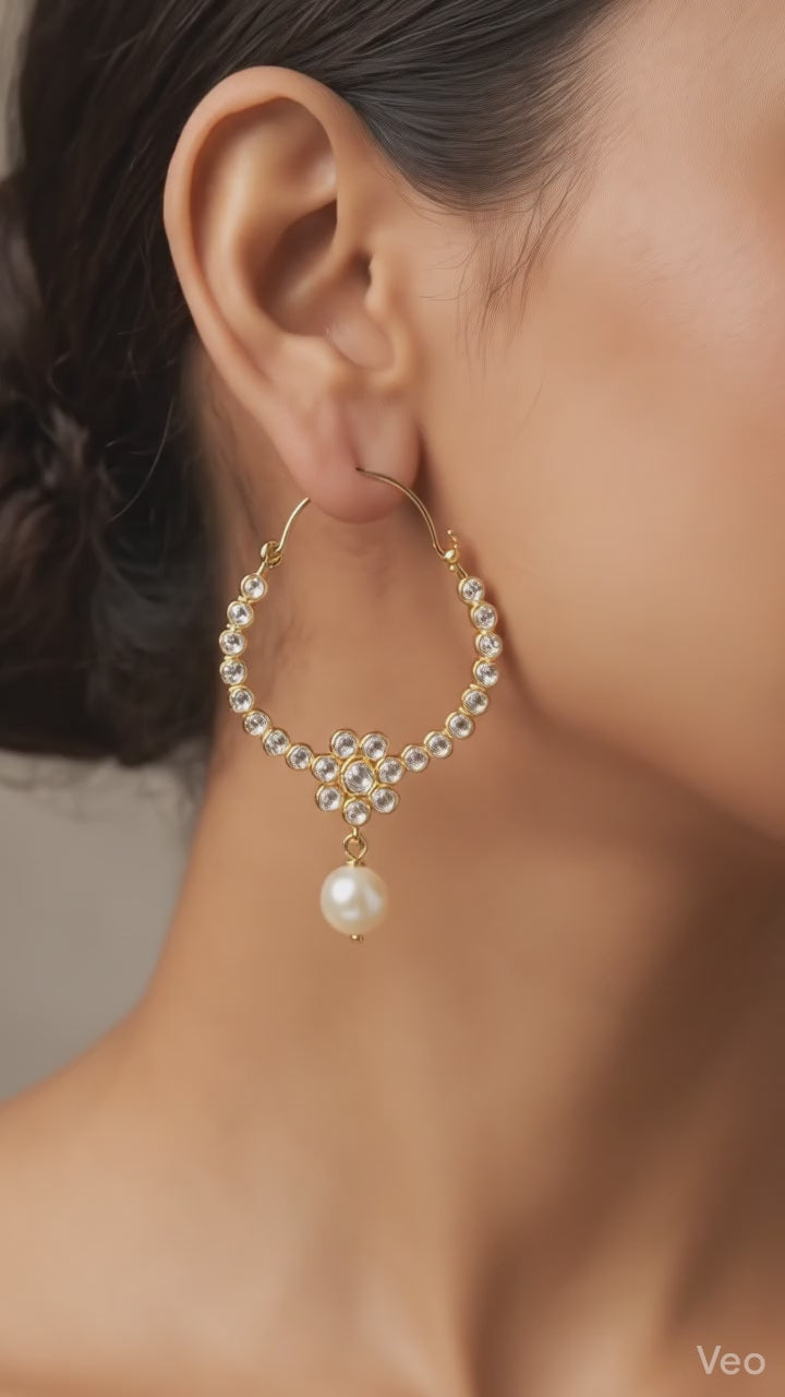 Traditional Floral Kundan Hoops with Droplet Pearl Accents