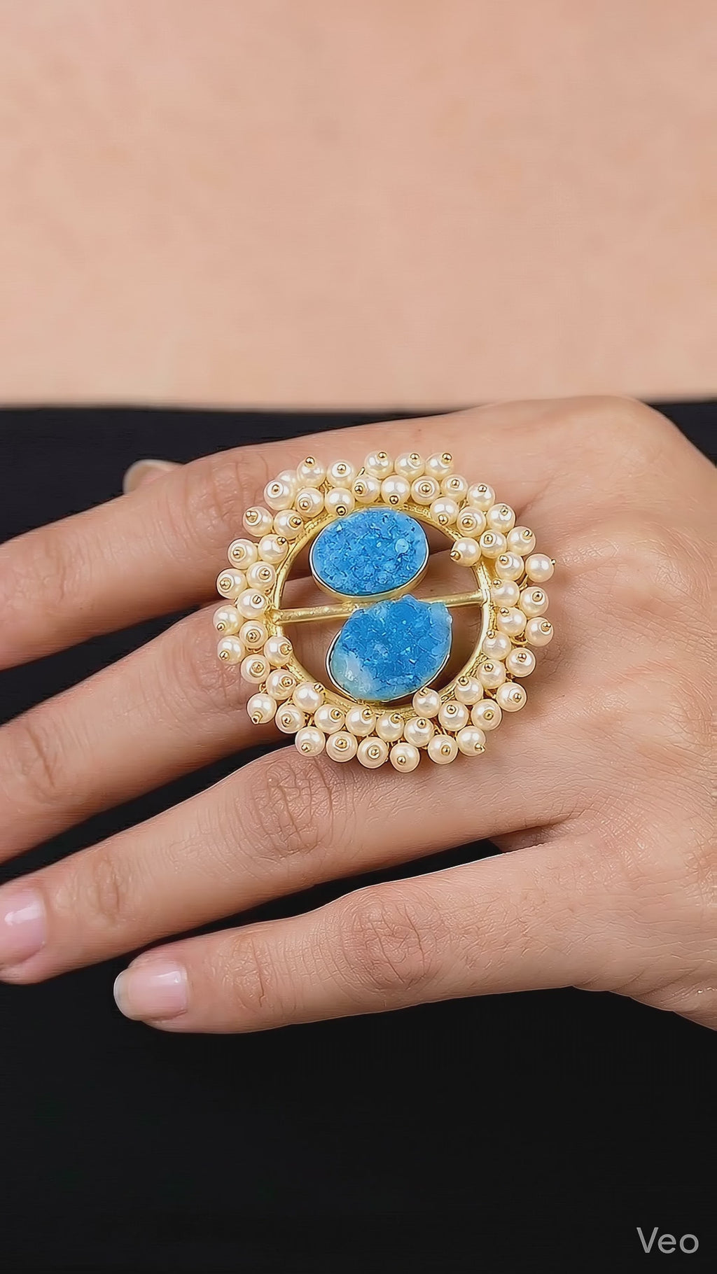 Handcrafted Gold-Tone Statement Ring with Vibrant Blue Druzy Stones and Pearl Halo