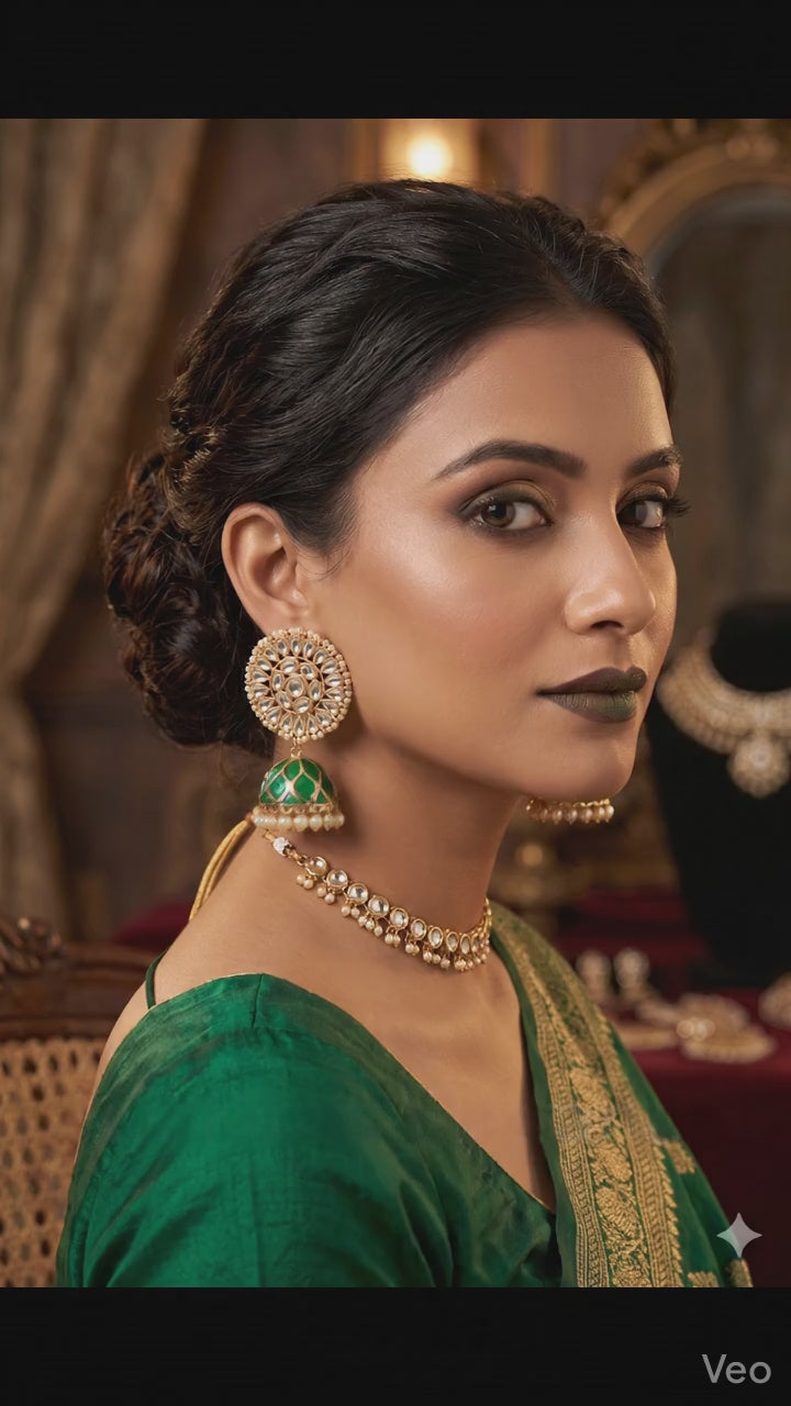 Handcrafted Royal Green Enamel & Kundan Jhumkas with Seed Pearl Detail
