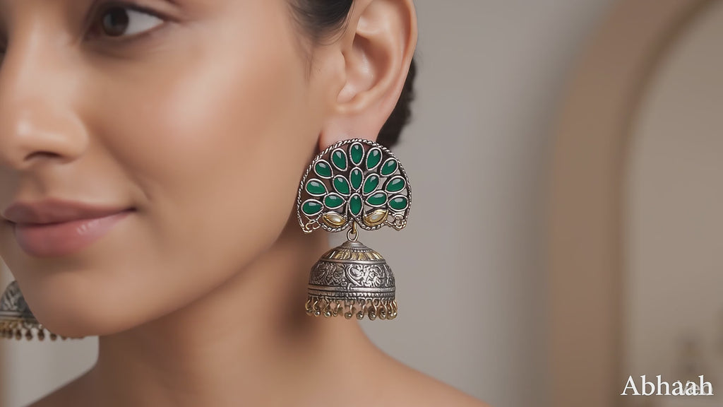 Antique Dual-Tone "Mayur" Peacock Jhumkas with Emerald-Green Stones