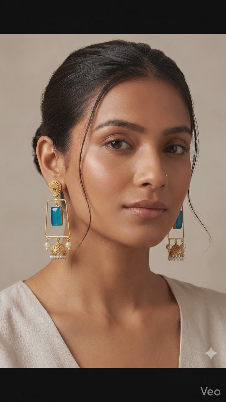 Aurelia Geometric Gold-Plated Blue Chalcedony Jhumka Earrings