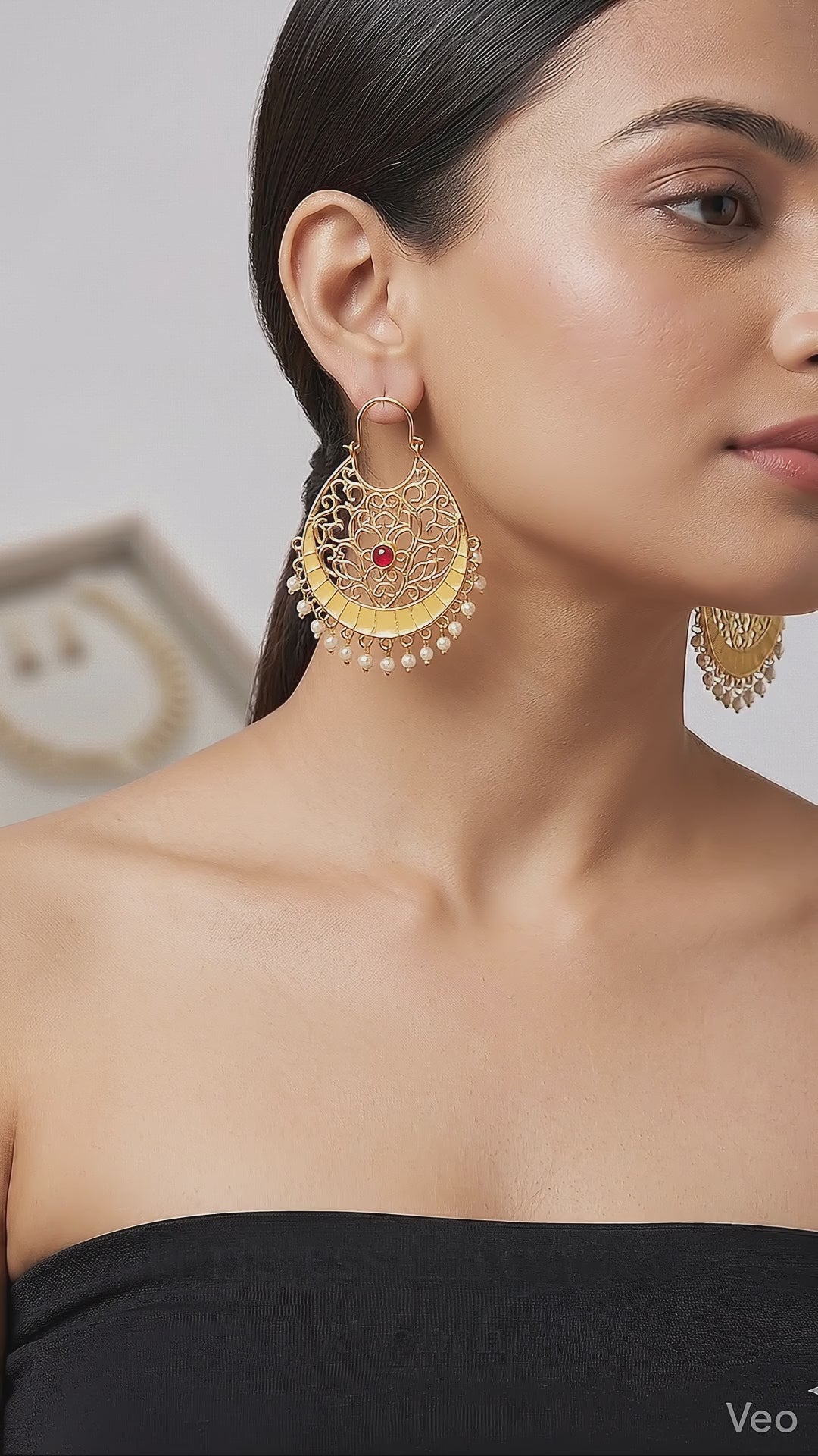 Indian Ethnic Gold-Plated Filigree Earrings – Pearl & Ruby Embellished Crescent Drops