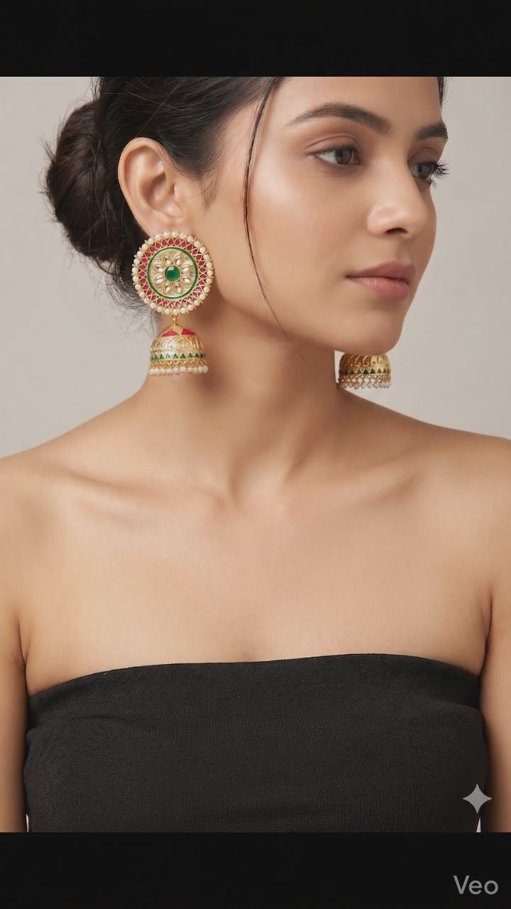 Elegant Traditional Jhumka Earrings with Kundan and Pearl Detailing