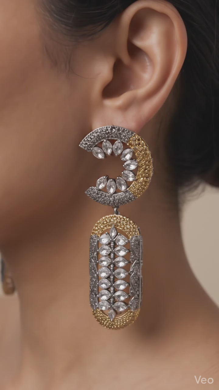 Antique Dual-Tone Crescent Moon & Filigree Drop Earrings