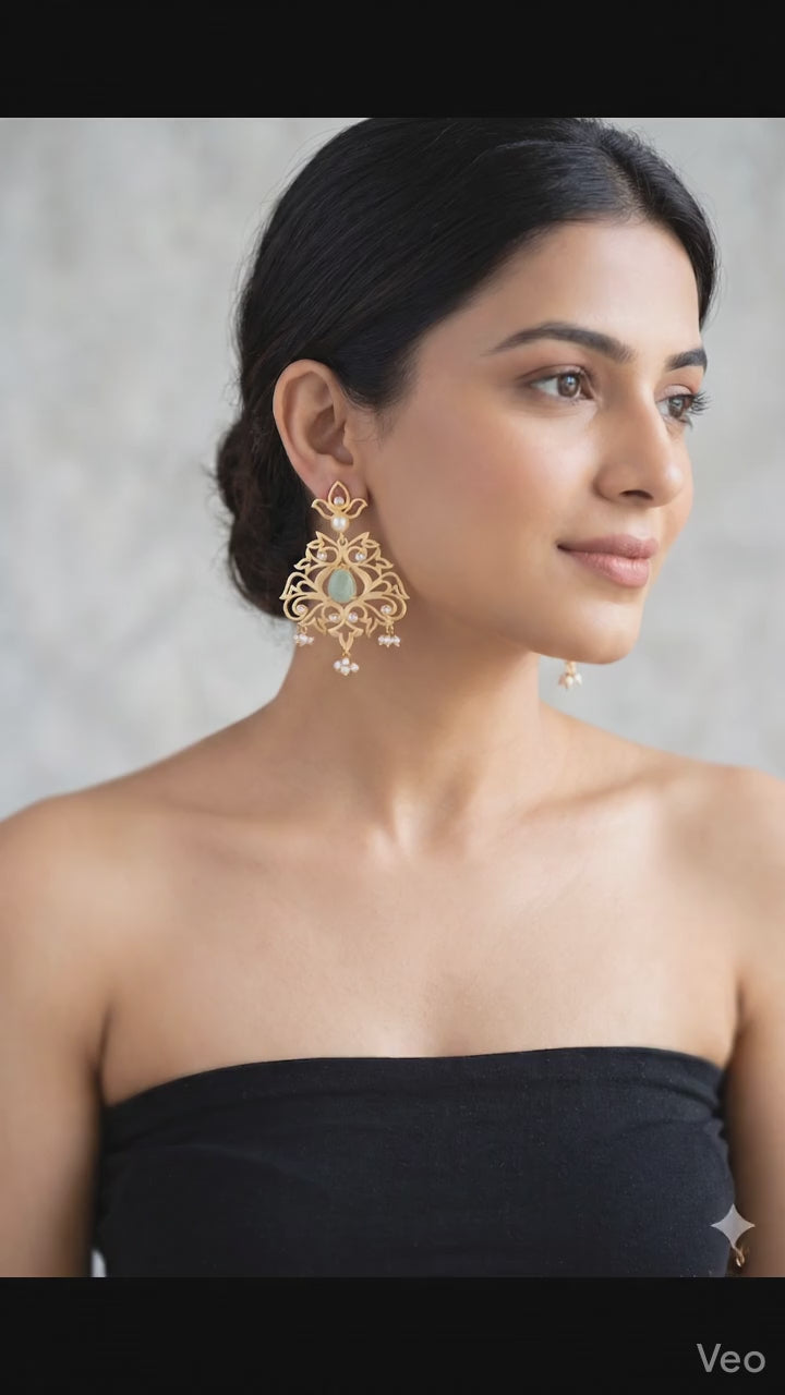 Heritage Inspired Floral Chandbali Earrings - Matte Gold Finish with Jadau-Style Detailing