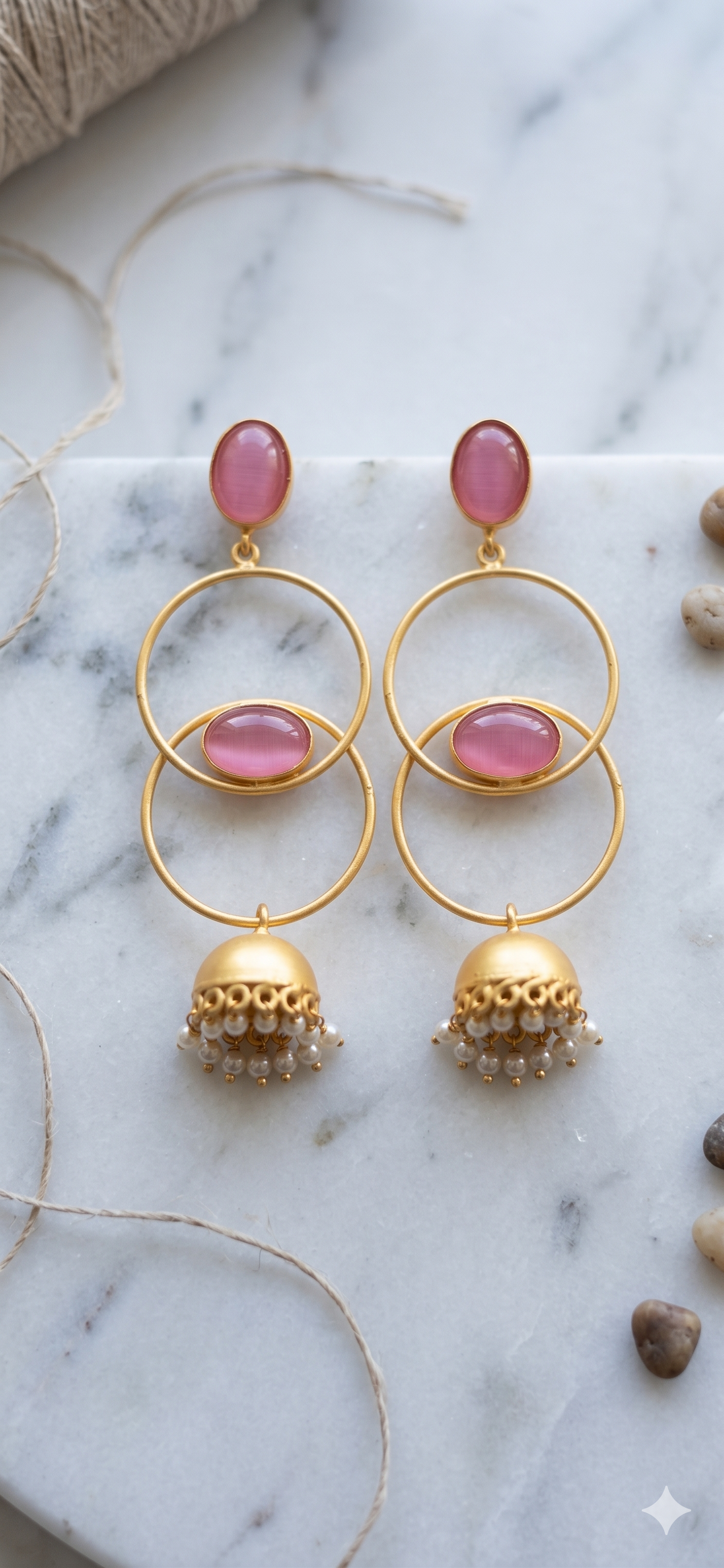 Matte Gold Geometric Hoop Jhumkas with Pink Stones – Handcrafted Ethnic Earrings